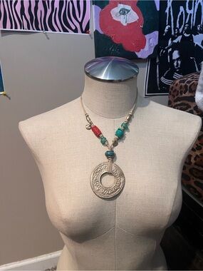 Boho Statement Pendant Necklace with Turquoise and Red Beads